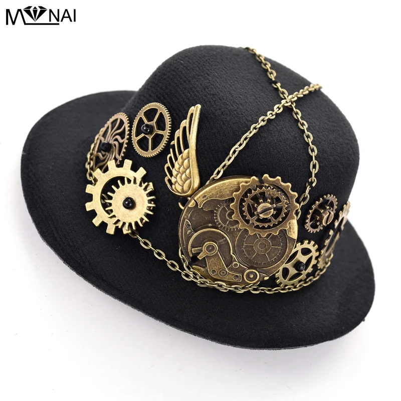 Vintage Hat Steampunk Gear & Clock Chain Wing Mini Top Hats Lolita Cosplay Costumes Dress Hair Accessories Goth