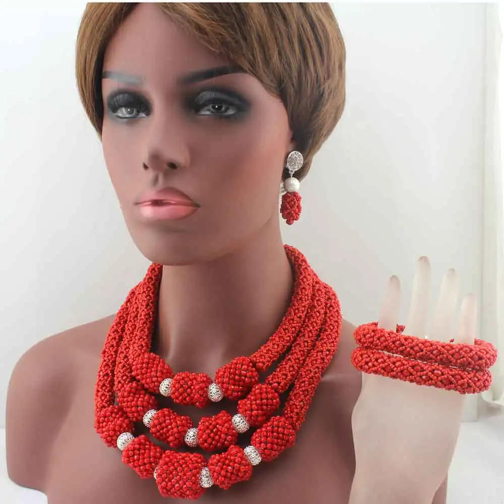 Surprising New Red Handmade African Beads Jewelry Set 3 Layers Statement Necklace Set nigerian wedding Beads Jewelry Set W13674