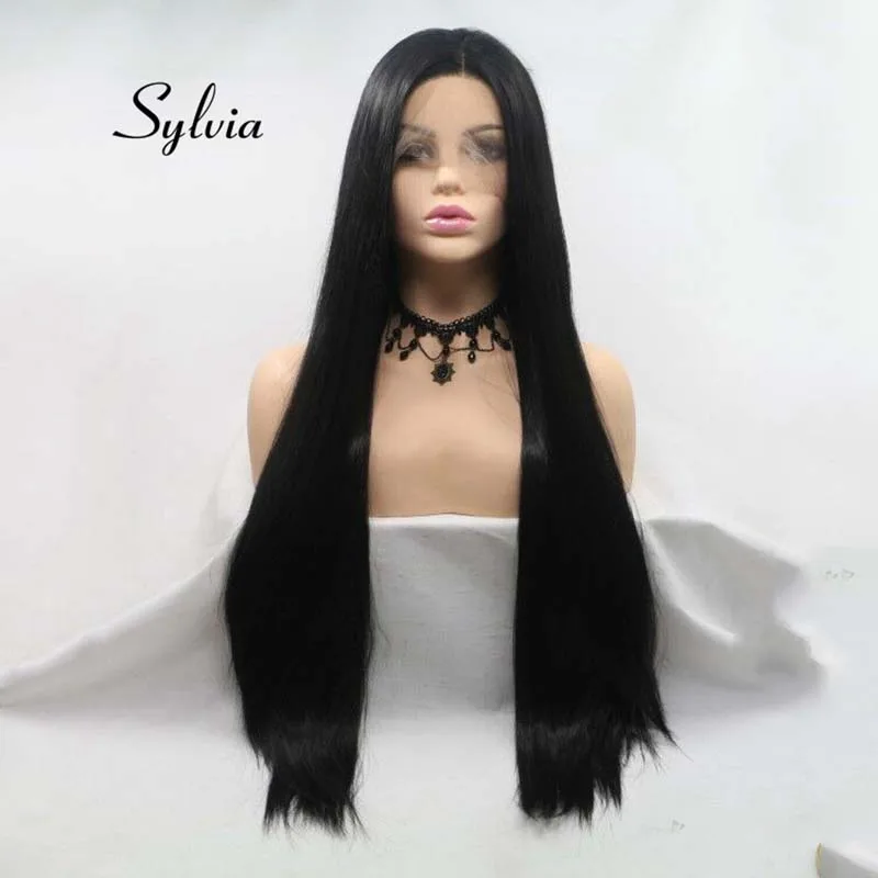 Sylvia 1B#  Black Wig Long Silky Straight Wigs For Women Kanekalon Hair Synthetic Lace Front Wig Heat Resistant Fiber