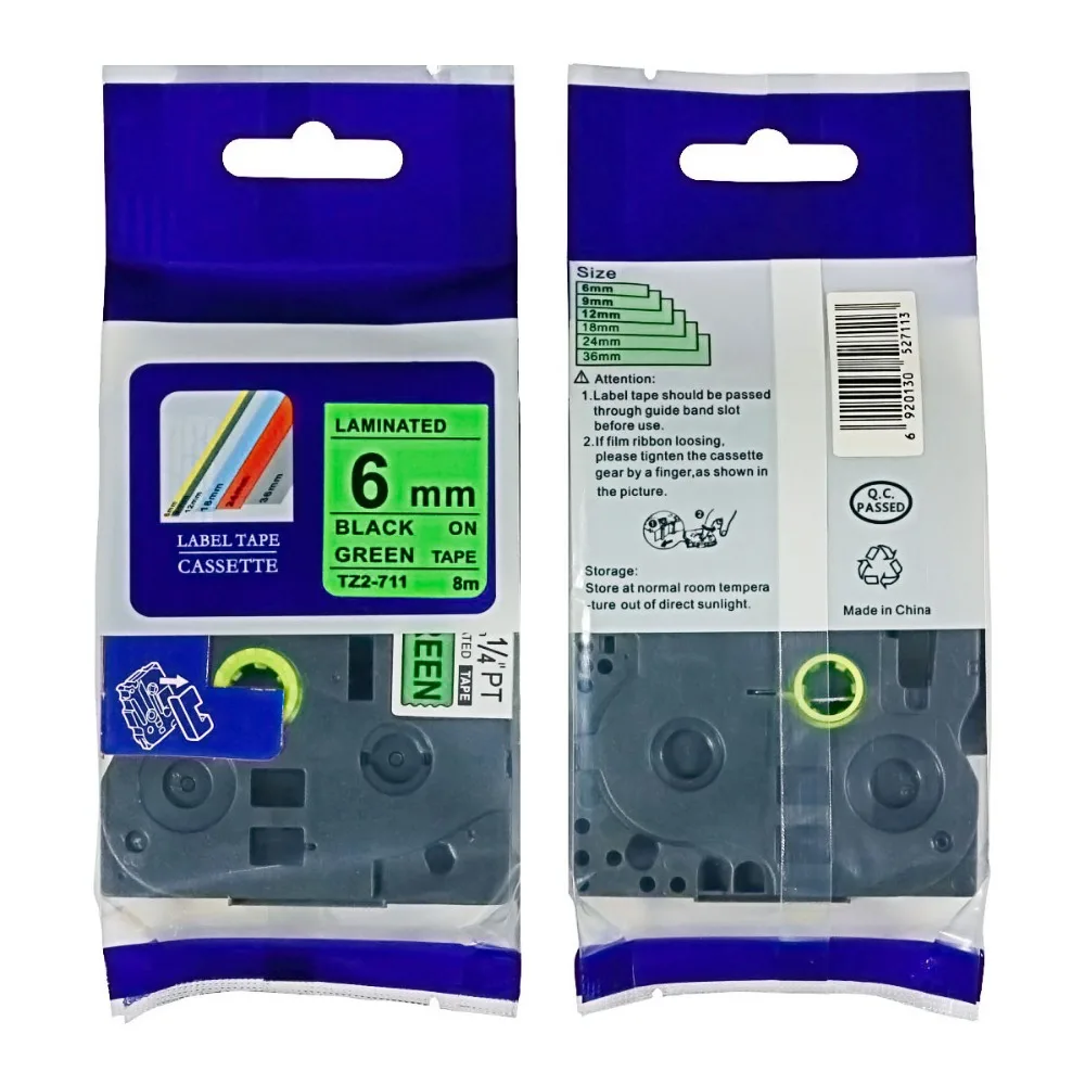 TZ LAMINATED TZE-711 TZe711 tz711 tz-711 p touch 6mm BLACK ON GREEN LABEL TAPE TZe 711 TAPES Ptouch LABEL