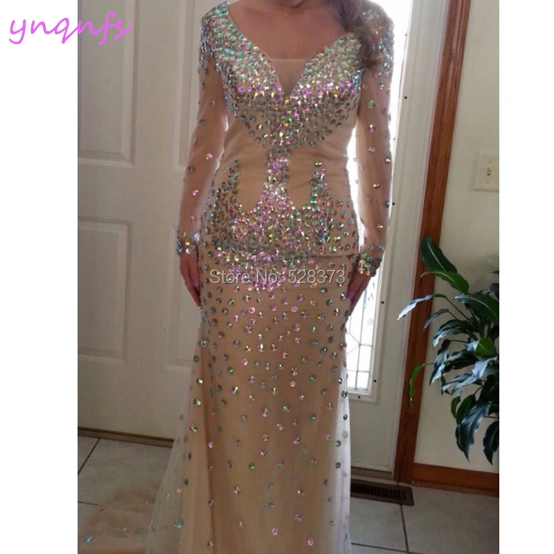 Ynqnfs ED235 Crystal Jurk V-hals Lange Mouwen Mermaid Champagne Bruidsmeisje Jurken Elegante Saudi Arabische Abiye Formele Gown 2019