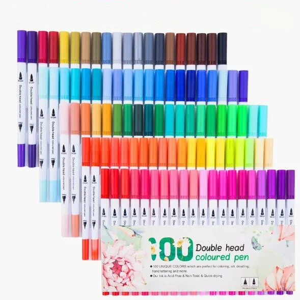 24/36/48/60/80/100PCS Graffiti Drawing Painting Double Headed Dual-tip Brush Marker Pen Set Watercolor Coloured Pens Stationery