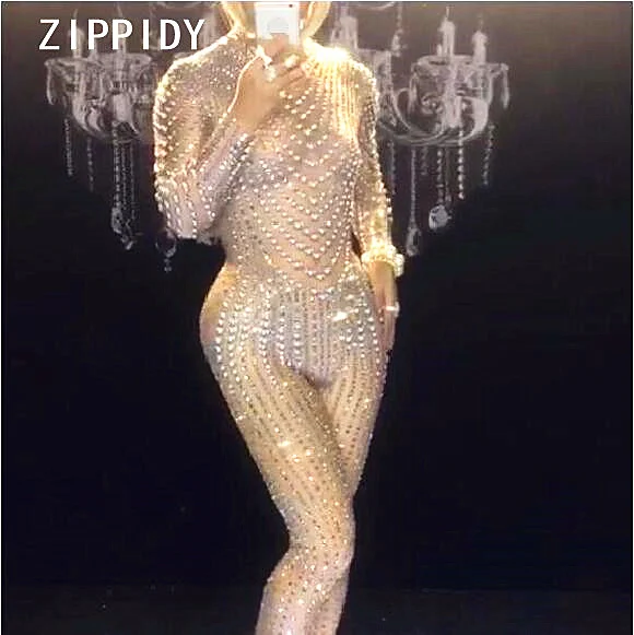 Sparkly Rhinestones ไข่มุกเซ็กซี่ Jumpsuit ไนท์คลับ DS Performance Party ฉลอง Bright Bodysuit Nude Stretch One - piece ชุด