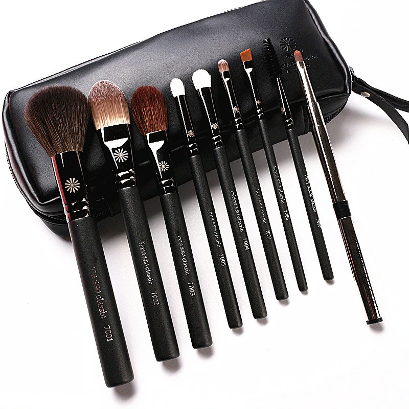 Korean Pony 9Pcs Makeup Brushes Set Professional Pearly Handle Natural Goat Hair Makeup Brush Kit With Leather Case Gift