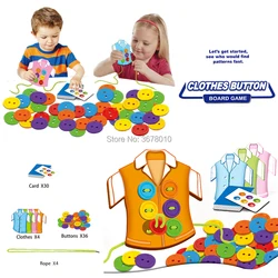 Button threading Puzzle Board Game ,Clothes Buttons lacing Toy, wearing rope threading Montessori Sensory Early Educational toys