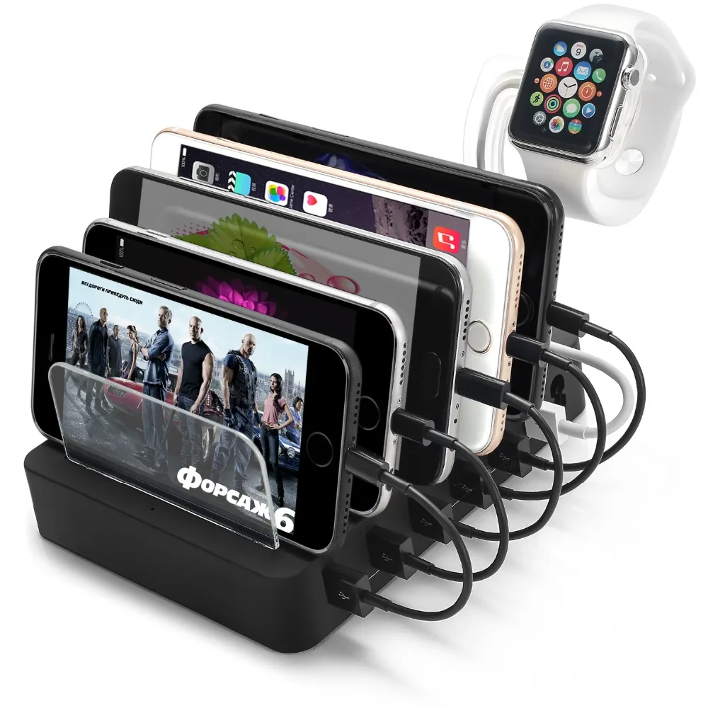 Mobile Phone Holder Usb Charger Portable 6 USB Port Charging Station with Watch Bracket For iPhone Xiaomi Samsung Huawei