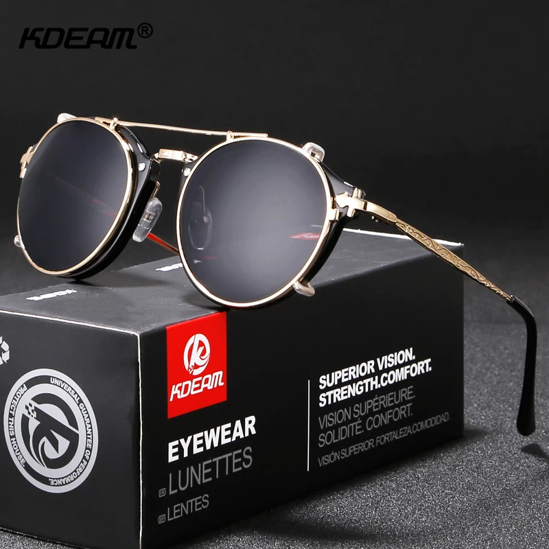 KDEAM Steampunk Clip On Sunglasses Men Round Sun Glasses Women Baroque Carved Legs All-matching Size With Box