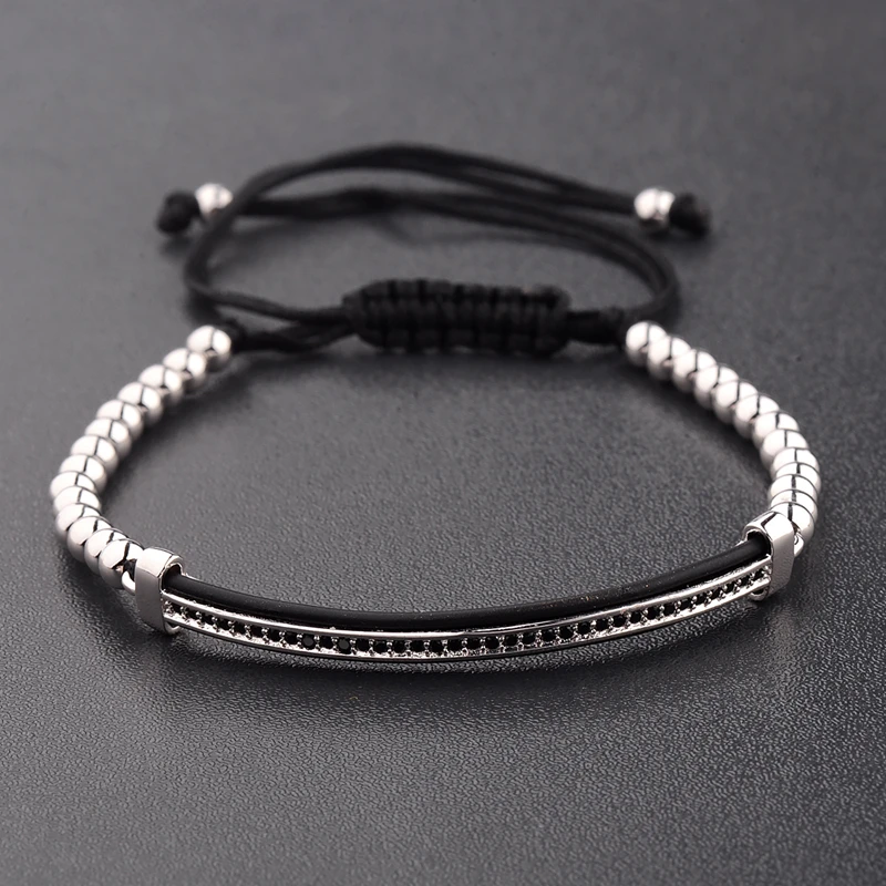 2020 Classic Luxury CZ Black Zircon Long Tubes&4MM Copper Beads Macrame Men Bracelets&Bangles For Women Jewelry Bileklik