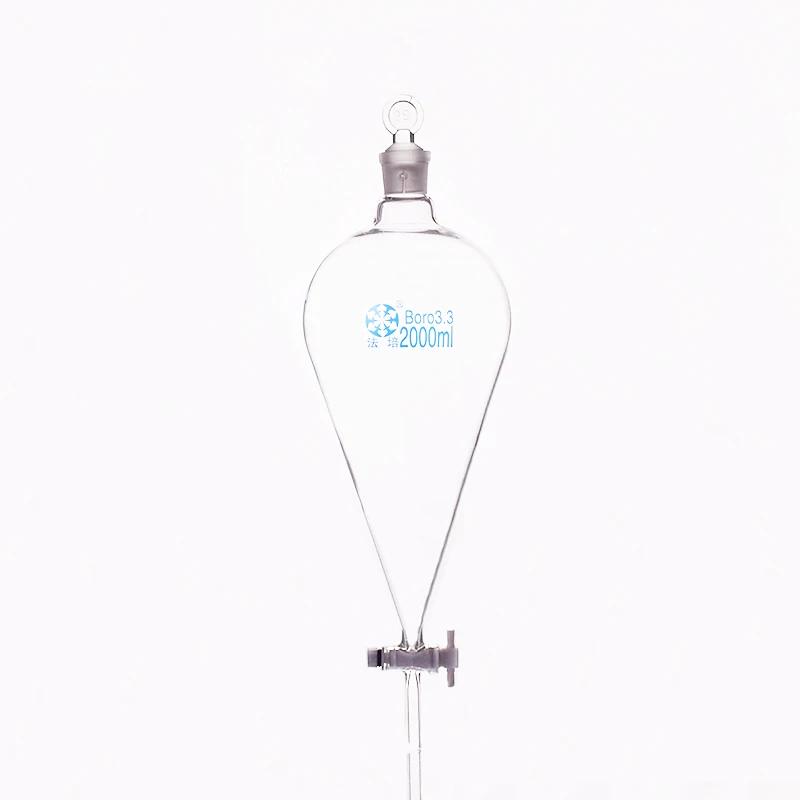 Separatory funnel pear shape,with ground-in glass stopper and stopcock.Capacity 2000ml,PTFE switch valve