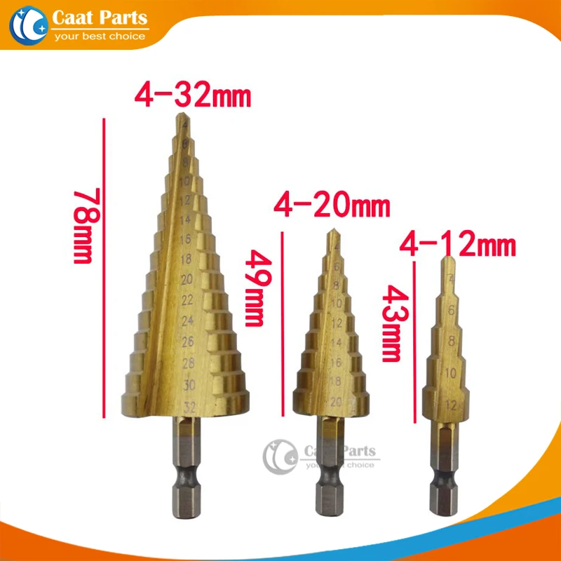 

Бесплатная доставка! 3 шт./партия, ступенчатое сверло из быстрорежущей стали с треугольным хвостовиком, 4-12/4-20/4-32 мм