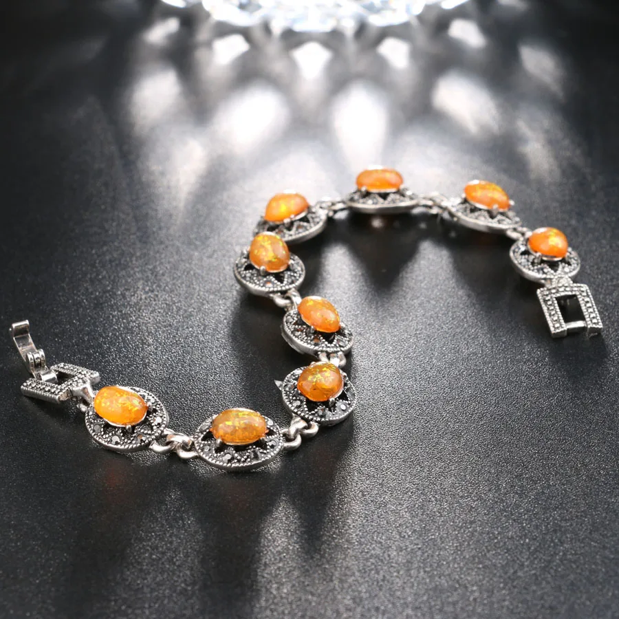 Wbmqda 2018 New Vintage Orange Opal Oval Beads Bracelet Silver Color AAA Crystal Bracelets For Women Fashion Party Jewelry Gift