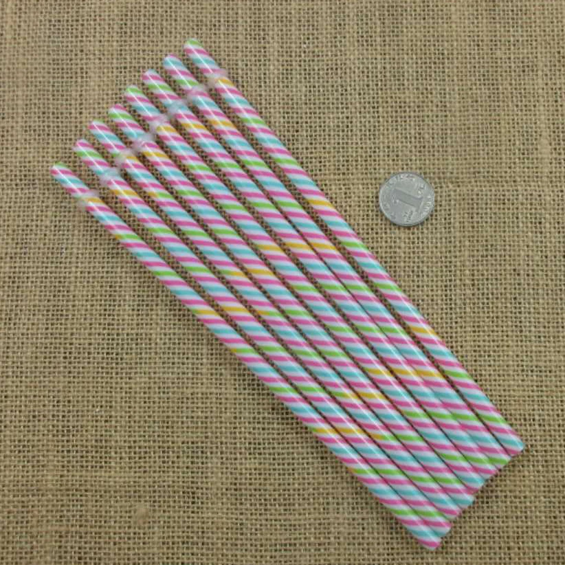 100 pcs/lot 23 cm Reusable Hard Plastic Hot Pink Green Blue Stripe  Print Drinking Straws Bar Straws For Holiday And Party