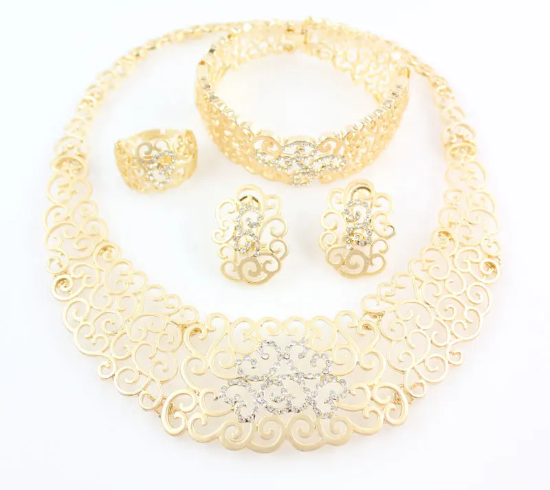 African Costume Jewelry Sets Gold Color Crystal Wedding Women Bridal Accessories nigerian Flower Pattern Necklace Set