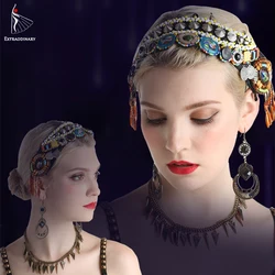 Women Belly Dance Headgear Tribal Accessory Hand Made Headwear Gypsy Headress Earrings Necklace Stage Performance Jewelry