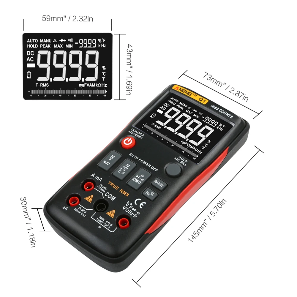 Q1 True-RMS Digital Multimeter Auto 9999 Counts With  AC/DC Voltage Ammeter Current Ohm Transistor Tester Power Meter Test