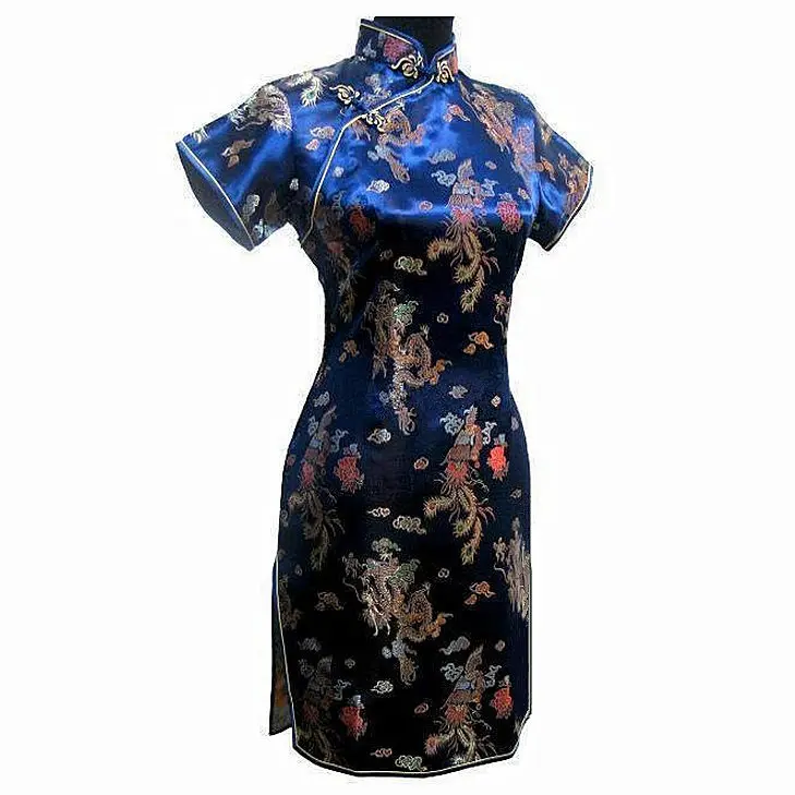 Navy Blue Vintage Chinese Women\'s Satin Mini Cheongsam Qipao Dress  S M L XL XXL XXXL 4XL 5XL 6XL Mujeres Vestido J4065