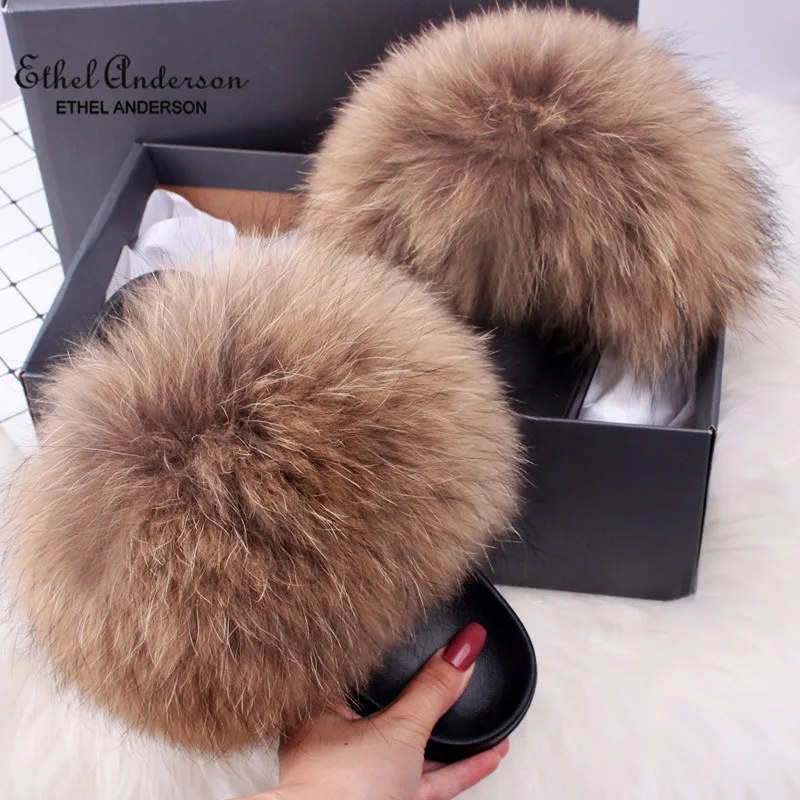 

Ethel Anderson Women's Furry Slippers Popular Real Fox Hair Casual Slides Plus Fur Summer Sandals