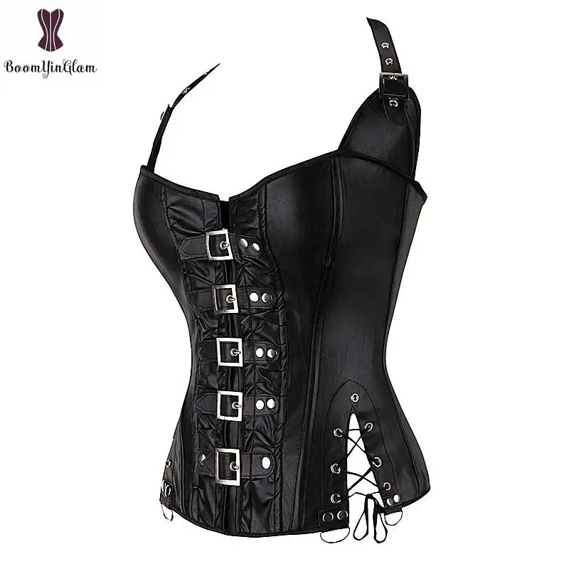 Black Halterneck Corset Overbust Steampunk Gothic Korse Belt Coffee Punk Korset G-string Corselet Buckle Gorset Boned Bustier