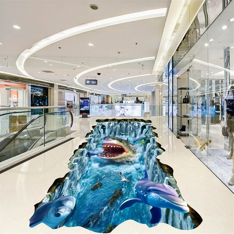 beibehang Shark Dolphin Falls Custom Mural Wallpaper For Bathroom PVC Wear Non-slip Kitchen papel de parede 3D Floor Wall Paper