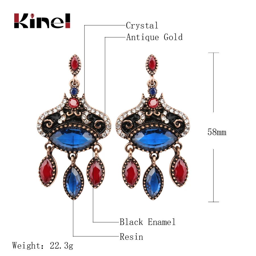 Kinel Turkish Bohemian Jewelry For Women Black Enamel Drop Earrings Mosaic Blue Resin Tassel Earrings Vintage Wedding Jewelry