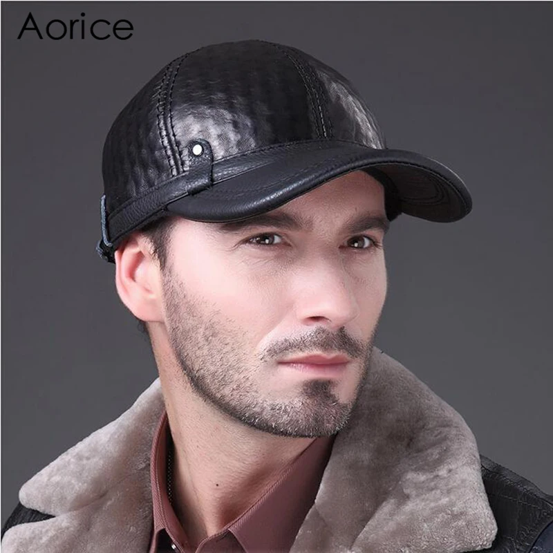 Aorice Fashion Men's Real Genuine Leather Baseball Hat Cadet Cap Biker Motorcycle Star Studded Men High Quality Warm Caps HL070