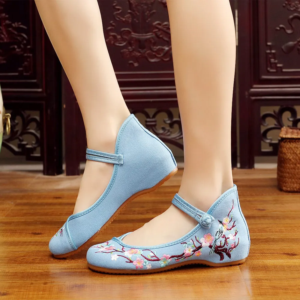 Veowalk Chinese Birds And Flower Embroidered Women Canvas Ballet Flats Vintage Ladies Round Toe Soft Cotton Dance Walking Shoes