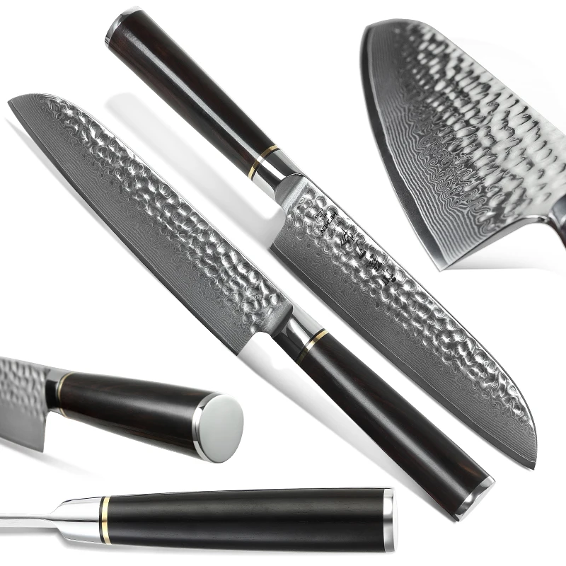 HEZHEN 6 PCS Japanese Kitchen Knives Damascus Steel Chef +Bread+Santoku+Cleaver+Utility+Paring Knives Ebony Wood Handle