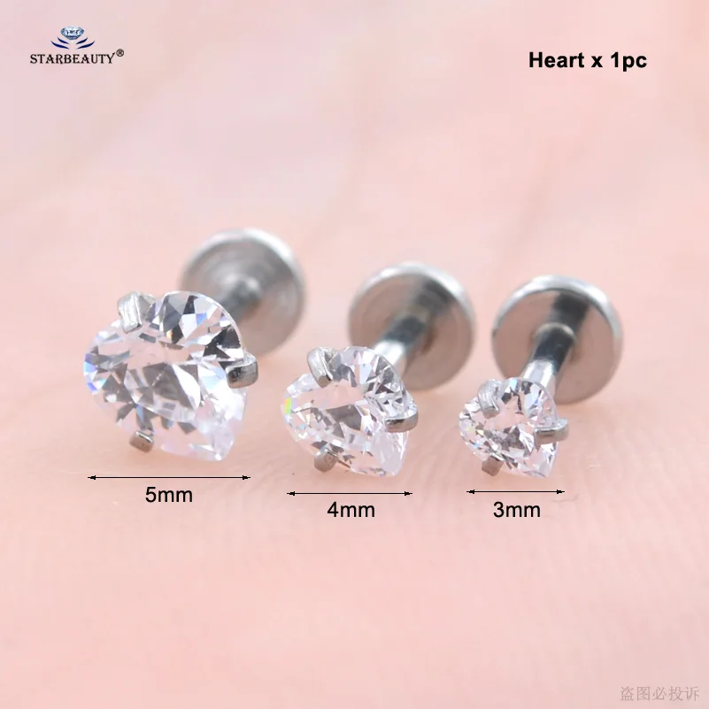 Starbeauty 1pc 16Gx6/8mm 3/4/5mm Heart Gem Nose Ring Ear Nose Piercing Nariz Labret Lip Helix Piercing Tragus Earring Jewelry