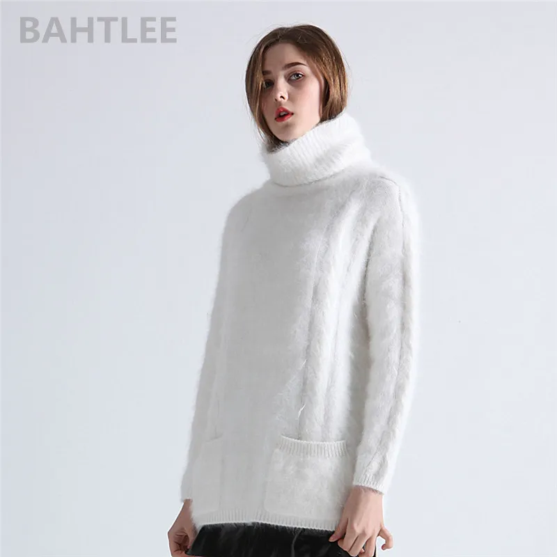 BAHTLEE-Women\'s Mink Cashmere Turtleneck Sweater, Angora Pullovers, Knitting Pockets, Long Sleeves, Keep Warm, Loose, Winter