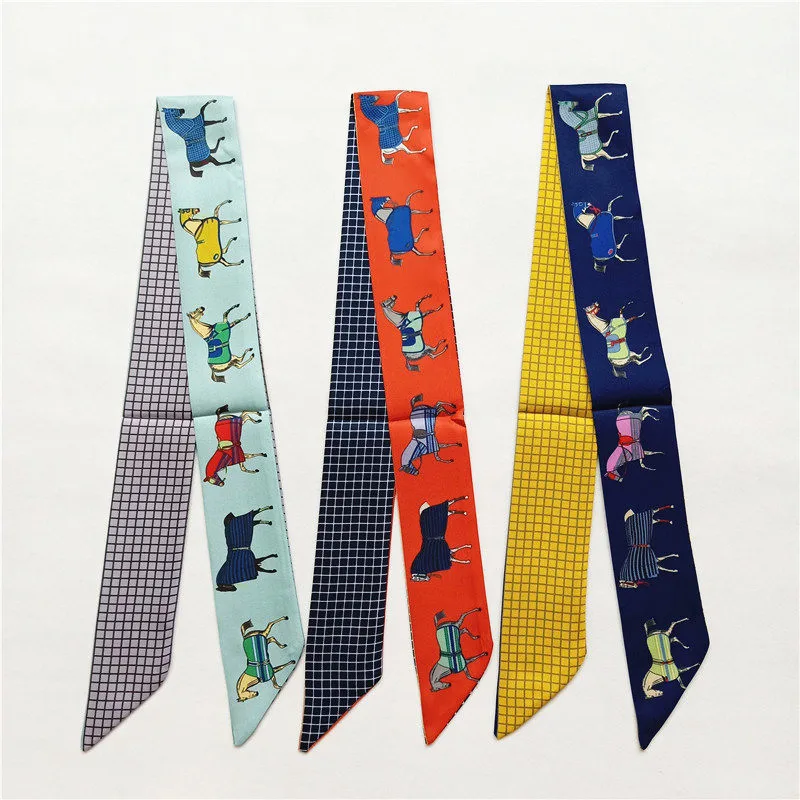 2024 Design Plaid Horse Brand Silk Scarf Women Hair Scarf Fashion Neckerchief Skinny Scarves For Ladies Bag Ribbons Womens Tie