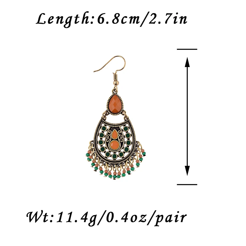 DOUVEI New Water Drop Retro Earrings India Jhumka Jhumki Green&Orange Beads Tassel Bronze Earrings Tibetan Jewelry HQE1011