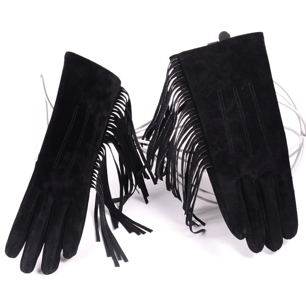 2023 Winter Lady Genuine Leather Pigskin Suede Tassel Short Gloves Women Mujer Nubuck Warm Velvet Punk Show Purple Classic Luvas