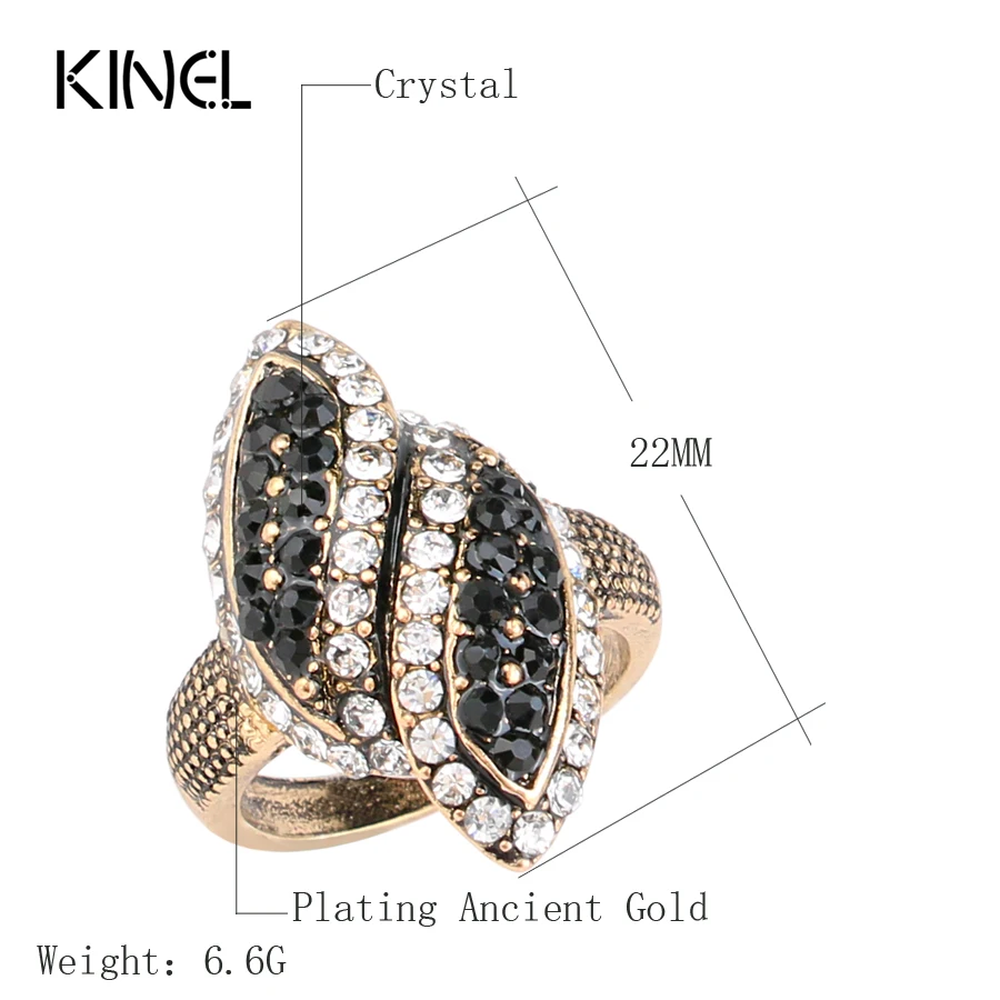 Kinel Luxury Black And White Crystal Rings For Women Color Antique Gold Fashion Vintage Wedding Ring Party Gift