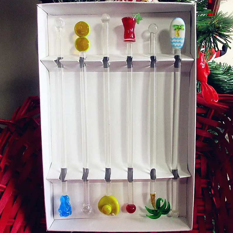 Set of 6 custom glass Drink Stirrers Swizzle Stick coffee stirrer Hawaiian style glass straw hat, drink cup, surfboard, slippers
