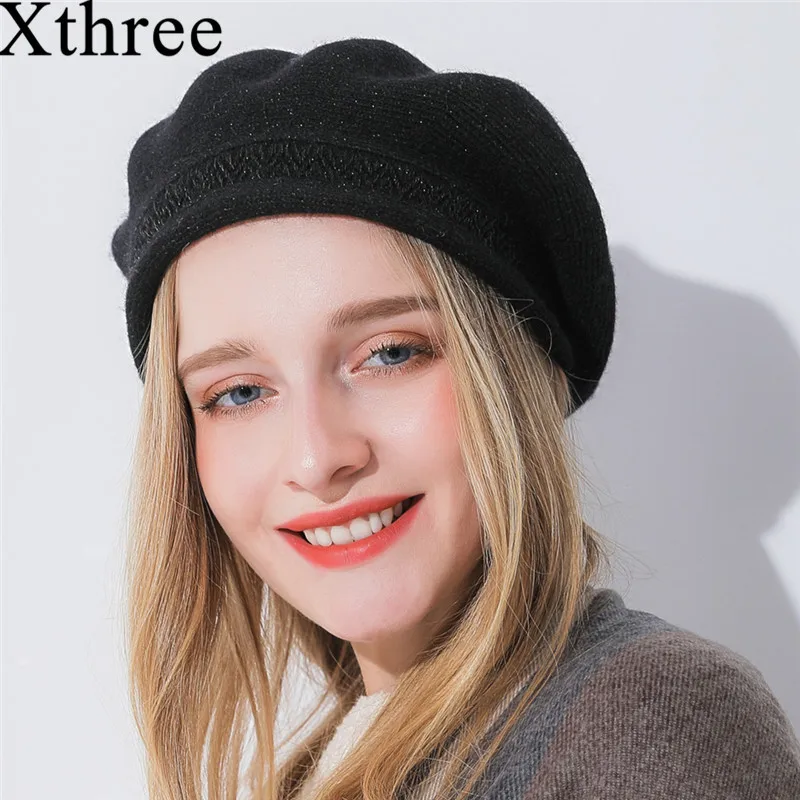 

Xthree winter hat for women Cashmere beret hat Bright silk thread knitted hat Rabbit fur beret for girl fashion lady cap