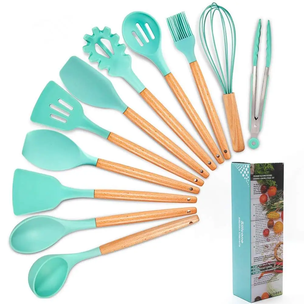 

11PCS Silicone Utensils Spatulas Silicone Heat Resistant Wooden Spoons Utensils Non-Stick With Wooden Handles BPA Free