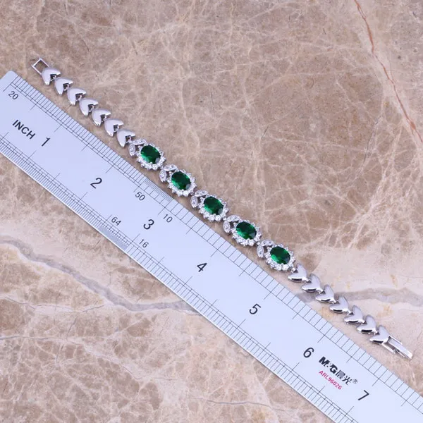 Silky Green Cubic Zirconia White CZ Silver Plated Link Chain Bracelet 7 inch S0401