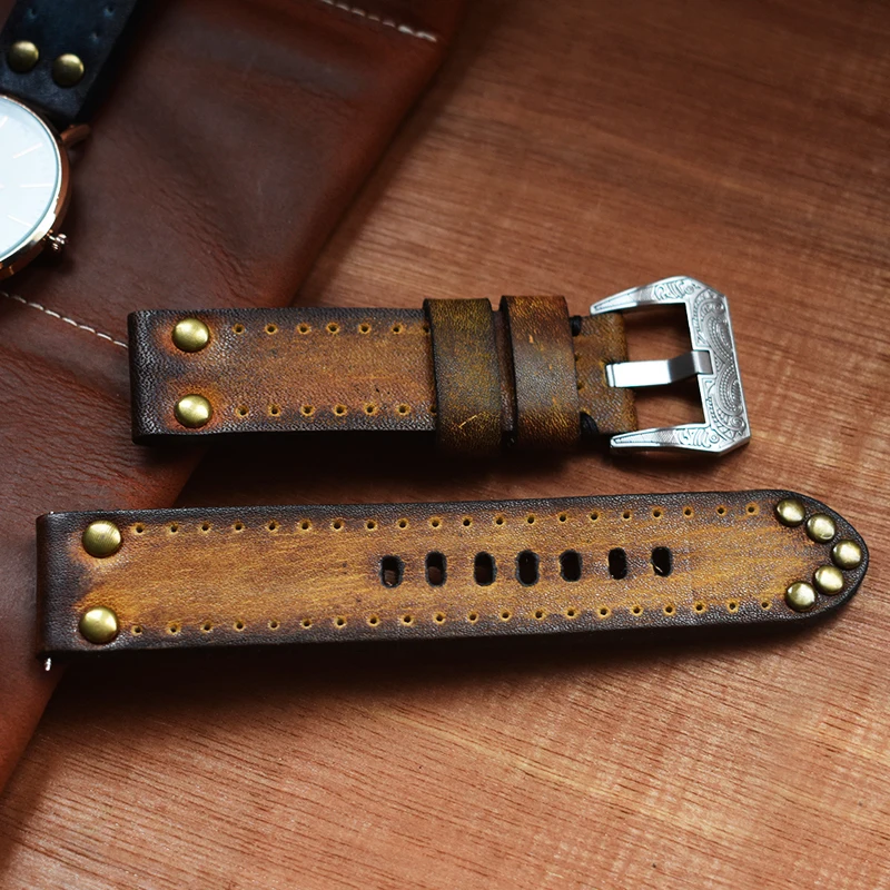 Watch Bracelet Band 18mm 20mm 22mm 24mm Watch Strap Vintage Leather Thick Watchband with Rivet for Watch Accessories KZC02