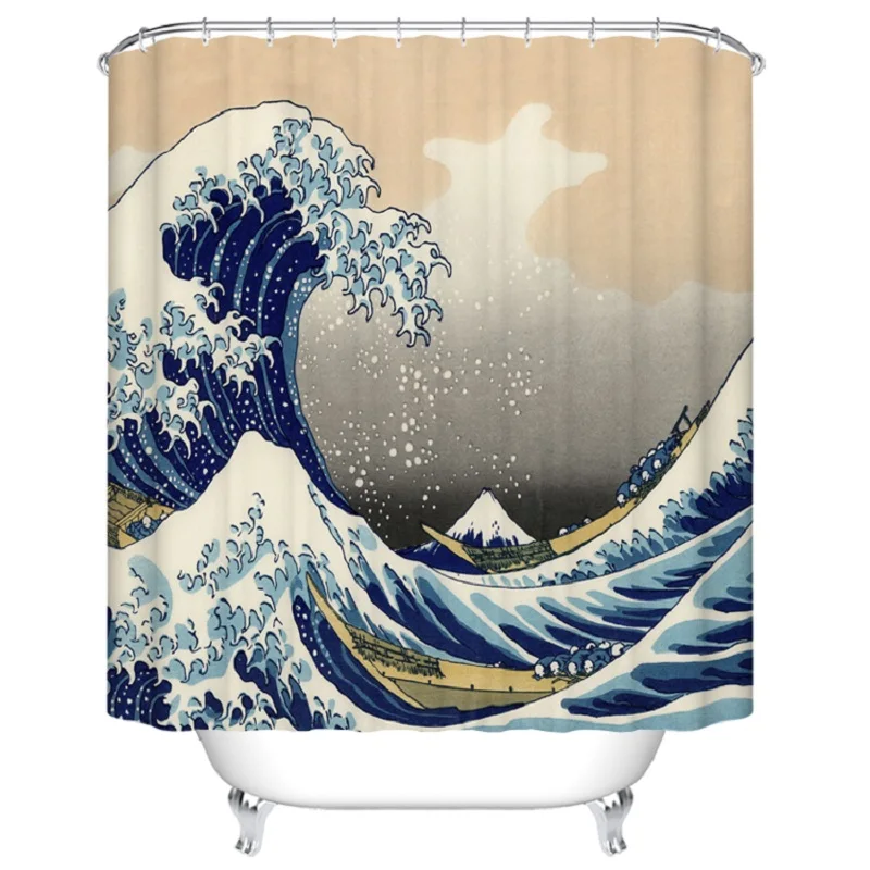 Shower Curtain Ukiyo-e Wave Printed Waterproof Polyester Bath Curtain Bathroom Accessories Curtains Home Decoration 180x180cm