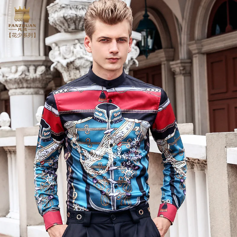 

Fanzhuan Free Shipping autumn men's male fashion casual long sleeved NEW printed personality slim stand collar shirt 713148