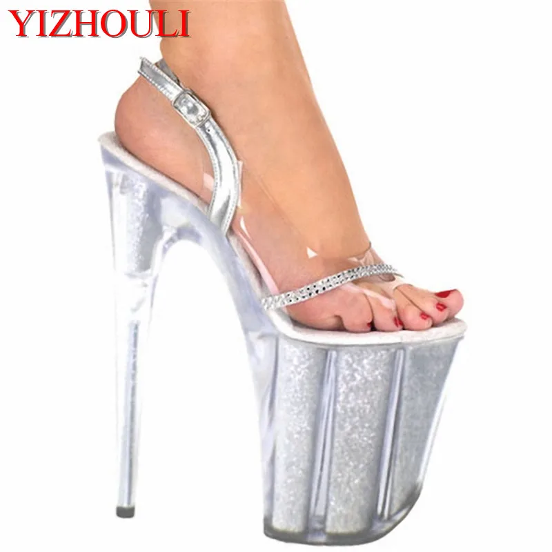 

8 inch platform crystal shoes silver bridal party shoes 20cm sexy ultra high heels sandals clear lady fashion Dance Shoes