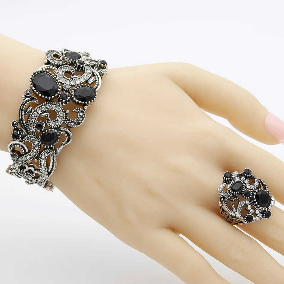 Sunspicems Bohemia Style Women Bangle Ring Sets Vintage Indian Banquet Jewelry Turkish Ethnic Bride Jewelry Sets Cuff Bracelet