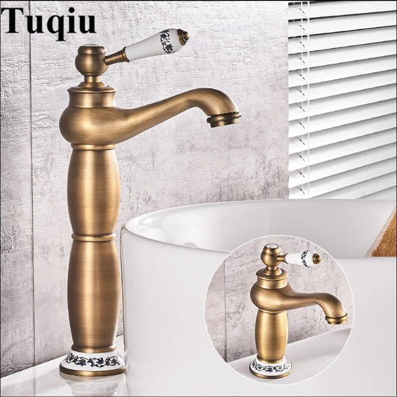 

Basin Faucet Antique Brass Lamp Shape Bathroom Sink Faucet Single Handle Hole Deck Vintage Wash Faucet Hot Cold Mixer Tap Crane