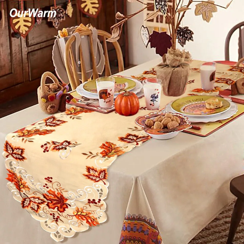 OurWarm 38X170cm Embroidered Table Runners Wedding Decoration for Home Thanksgiving Party Supplies Maple Leaves Table Runner