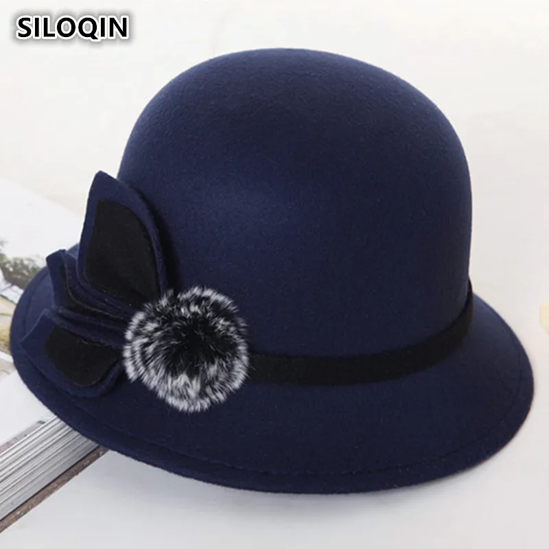 SILOQIN wiosna jesień kapelusz damski Retro anglia ciepłe fedoras gorras moda szlachetna elegancka dekoracja kwiatowa czapka fedora dla kobiet