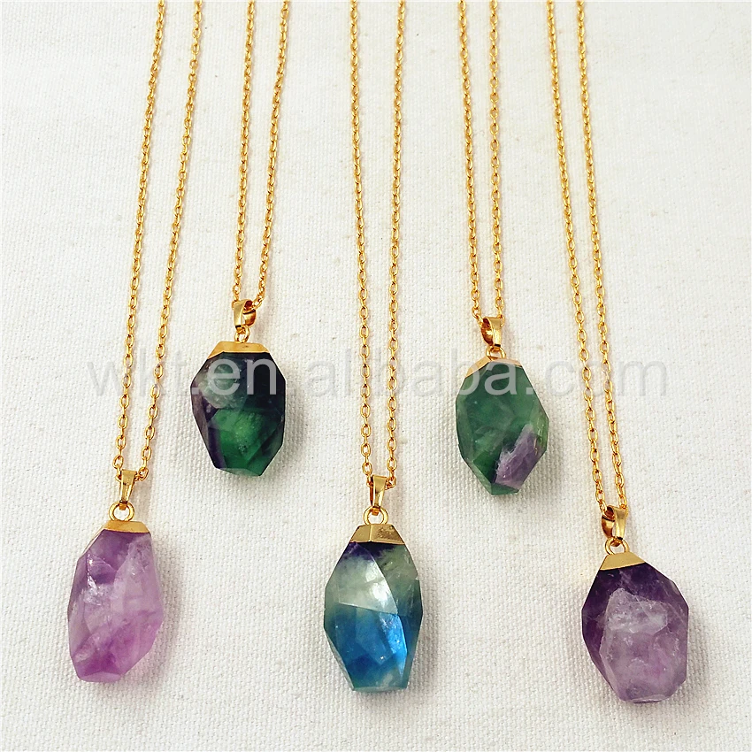 

WT-N788 Exclusive Faceted Fluorite Necklace for Women Jewelry natural fluorite rainbow faceted stone fashion gold chain necklace