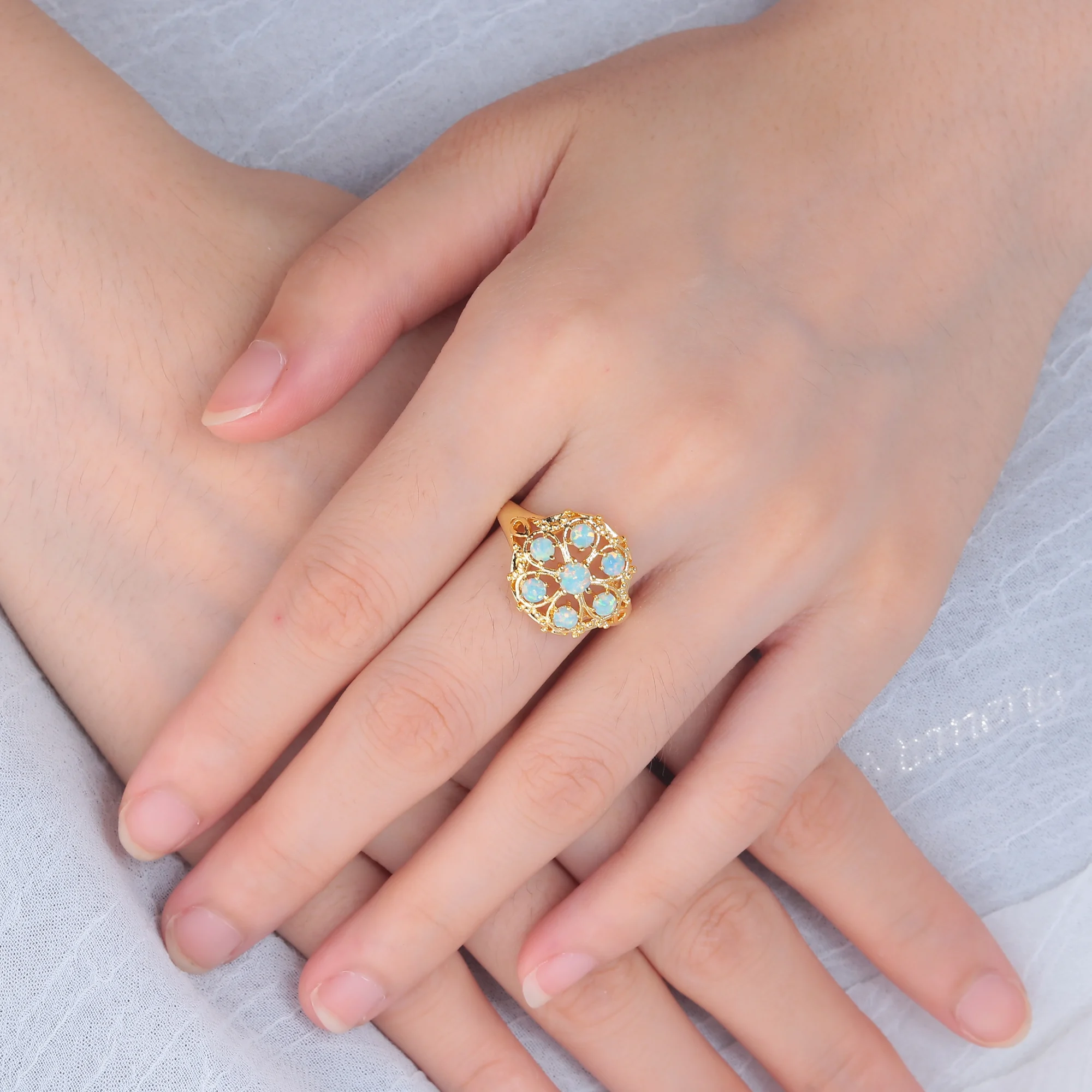 CiNily Green Fire Opal Rings With Stone Yellow Gold Color Flower Flora Lace Round Ring Bohemia BOHO Luxury Large Jewelry Female