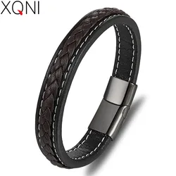 XQNI Cross Design Charm Leather Bracelet for Men Black/blue Braid Rope Chain Stainless Steel Magnetic Clasp Male Bangle Gifts