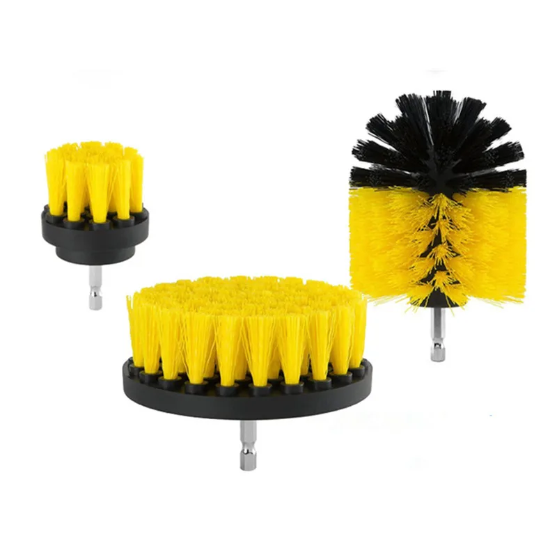 3Pcs/Set Yellow Electric Drill Brush Car Tires Nylon Power Scrubber Drill Brushes Plastic Round Cleaning Brush For Carpet Glass