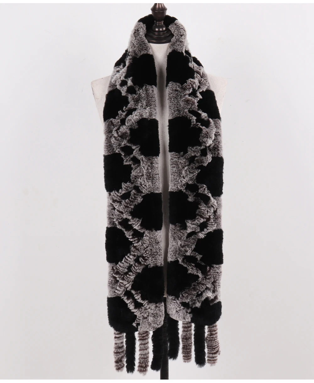 Neue Damen-Schals aus 100% natürlichem Rex-Kaninchenfell, langer Stil, gestrickte Rex-Kaninchenfell-Quastenschals, warme Echtfell-Schals für den Winter. – Detail 22